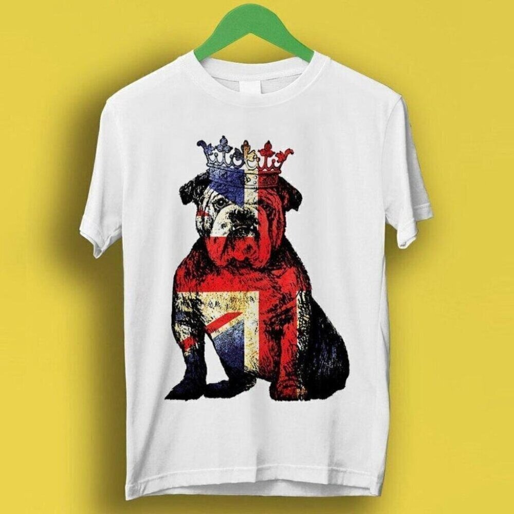 British Bulldog Union Jack England Crown Retro Graphic T-Shirt .